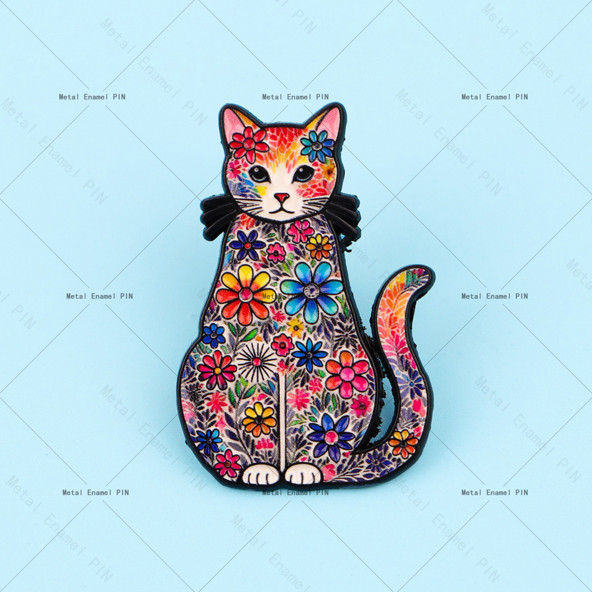 Colorful Floral Cat Enamel Pin, Artistic Cat Brooch